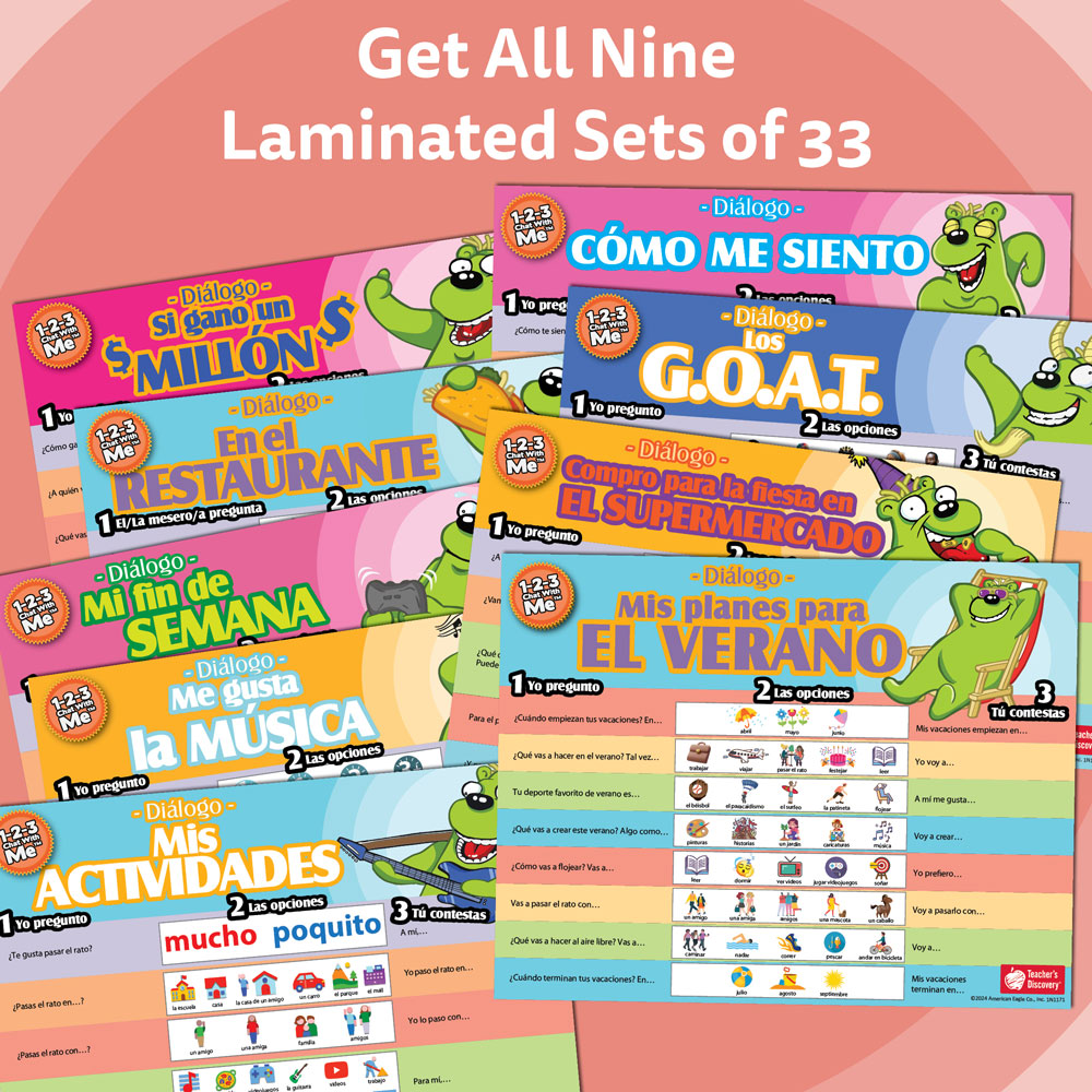 Spanish language resources for teachers, including a 1-2-3 Chat With Me: En el restaurante Spanish Chat Mat Laminated Set of 33.