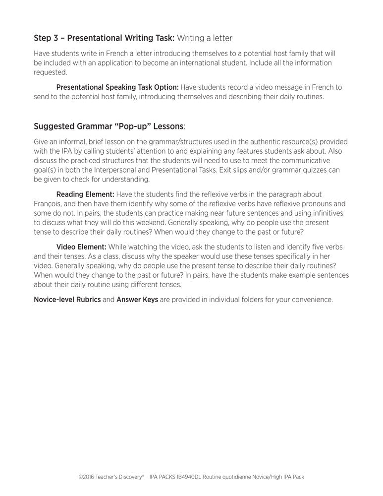 Routine quotidienne Novice-High French IPA Pack - DIGITAL RESOURCE DOWNLOAD