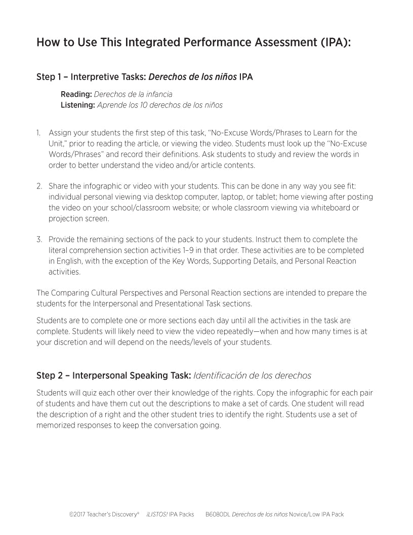 Derechos de niños Novice-Low Spanish IPA Pack - DIGITAL RESOURCE DOWNLOAD