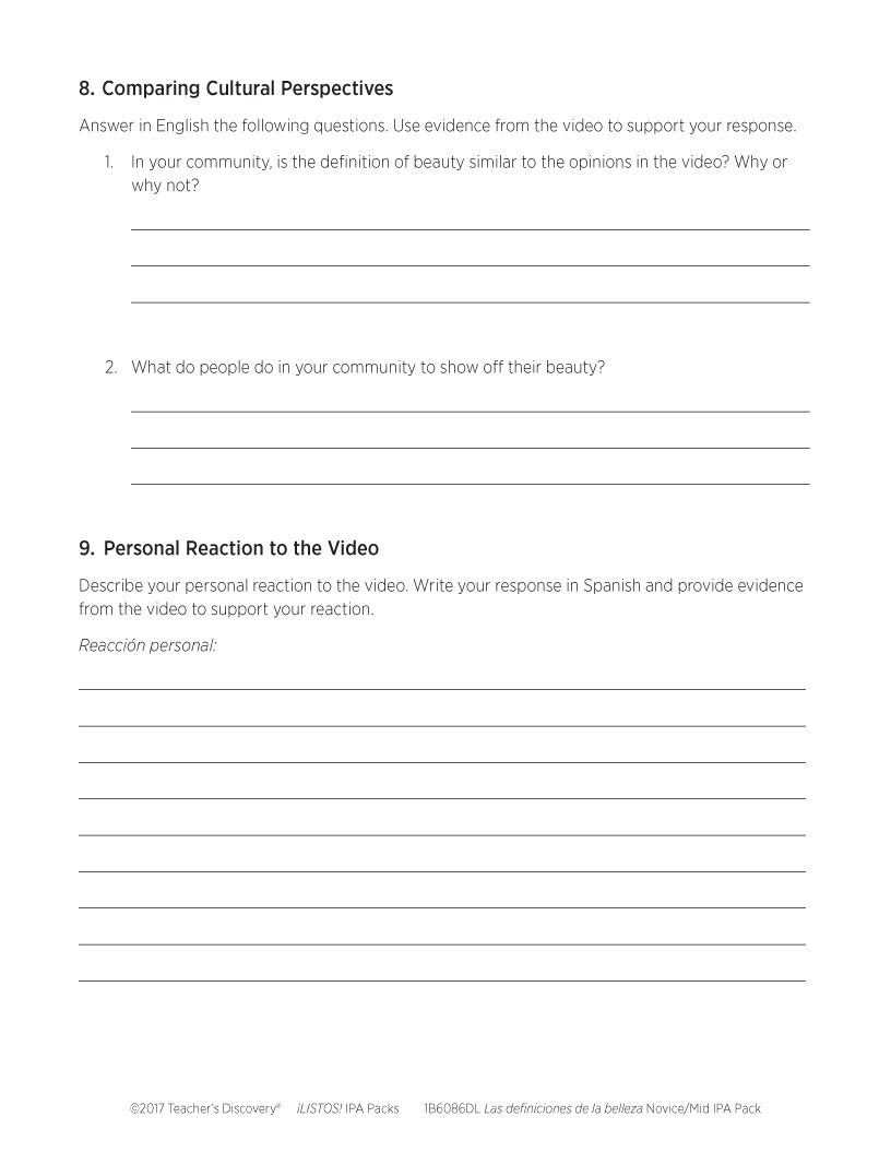 Las definiciones de la belleza Novice-Mid Spanish IPA Pack - DIGITAL RESOURCE DOWNLOAD