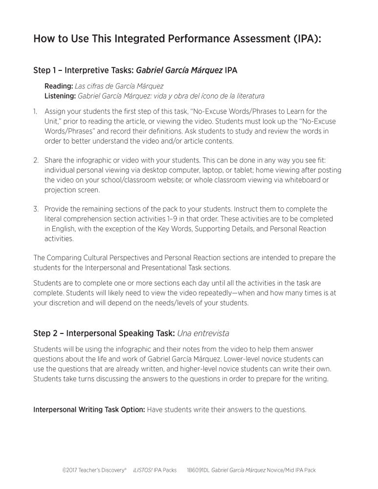 Gabriel García Márquez Novice-Mid Spanish IPA Pack - DIGITAL RESOURCE DOWNLOAD