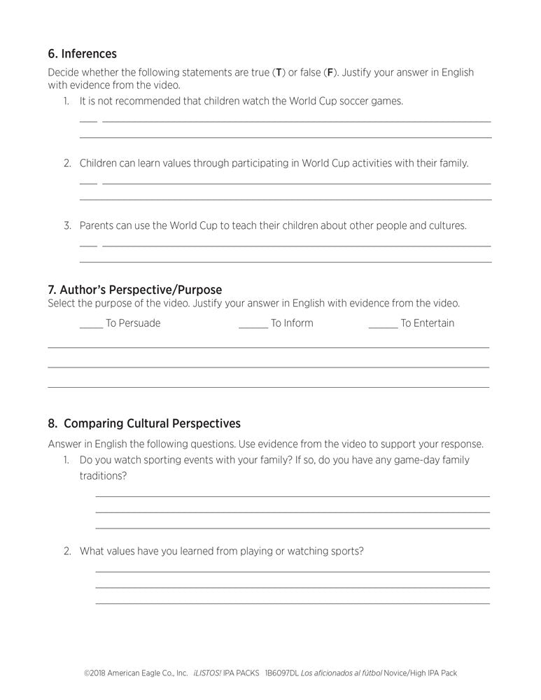 Los aficionados al fútbol Novice/High Spanish IPA Pack - DIGITAL RESOURCE DOWNLOAD