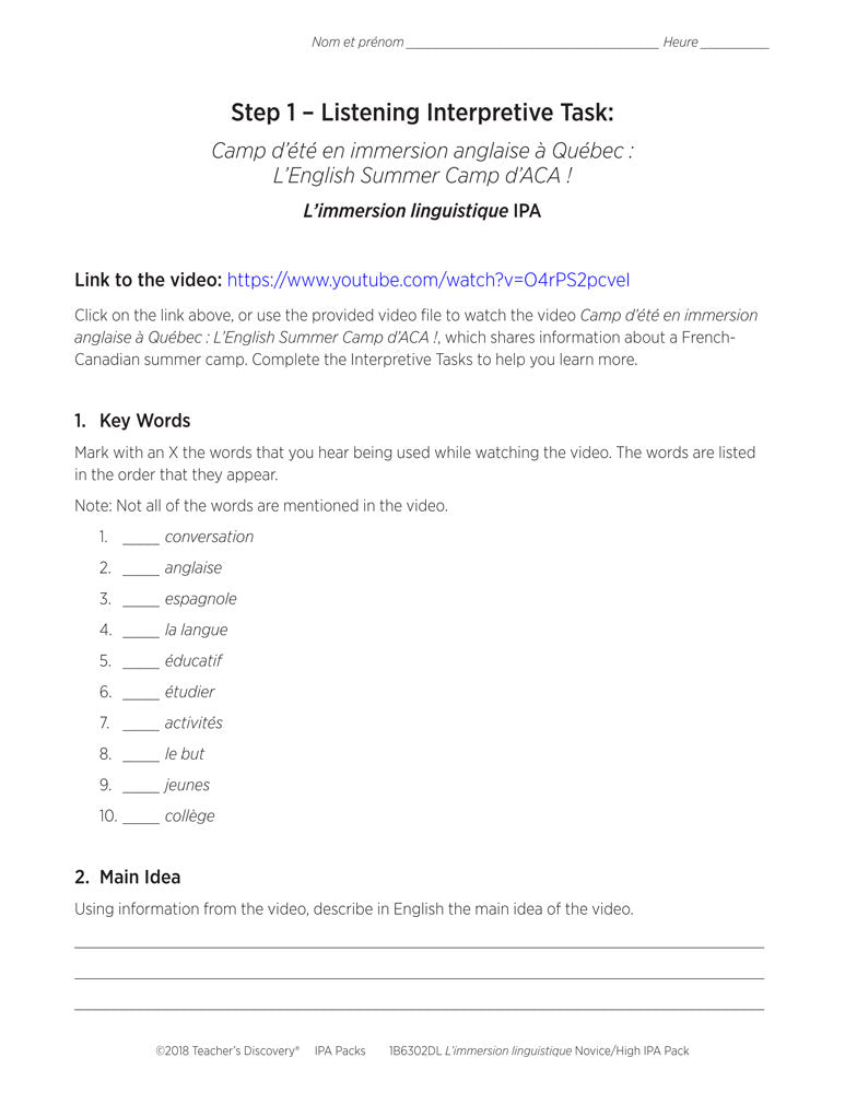 L'immersion linguistique Novice-High French IPA Pack - DIGITAL RESOURCE DOWNLOAD