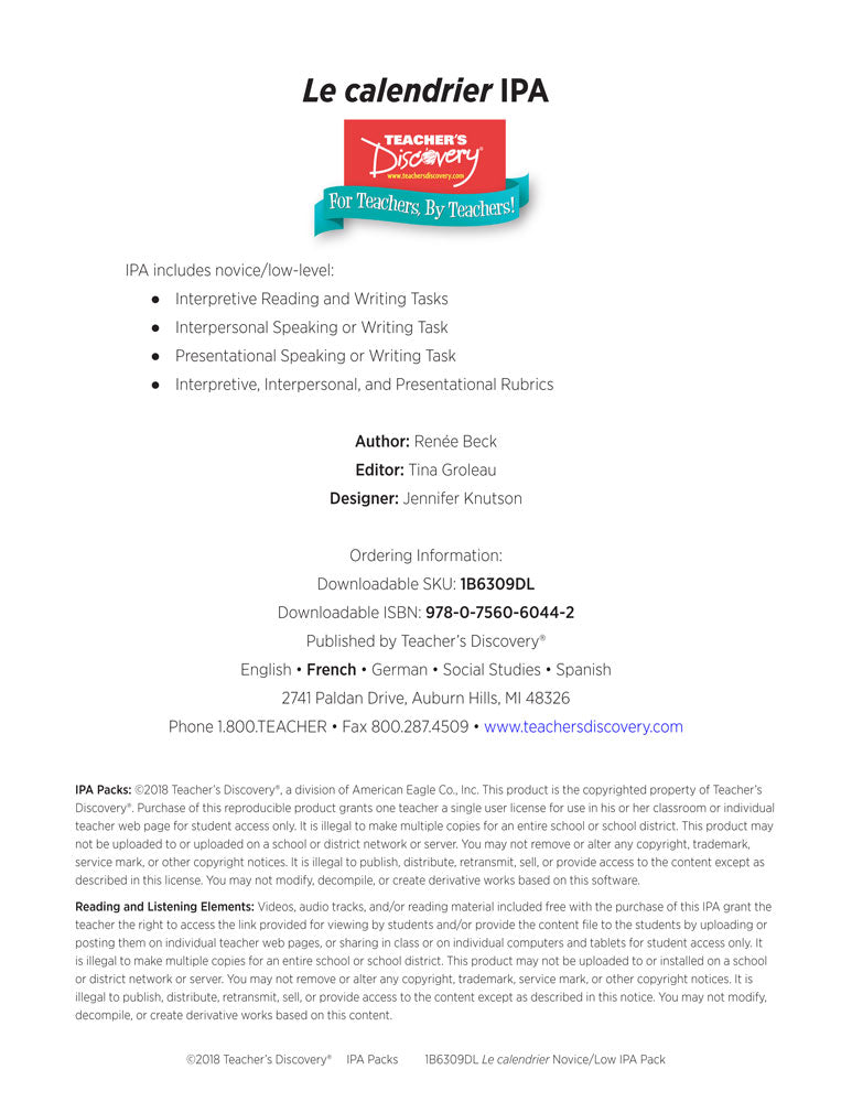 Le calendrier Novice-Low French IPA Pack - DIGITAL RESOURCE DOWNLOAD