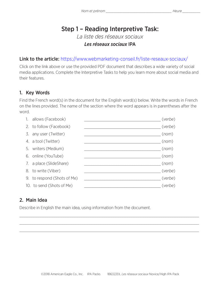 Les réseaux sociaux Novice/High French IPA Pack - DIGITAL RESOURCE DOWNLOAD