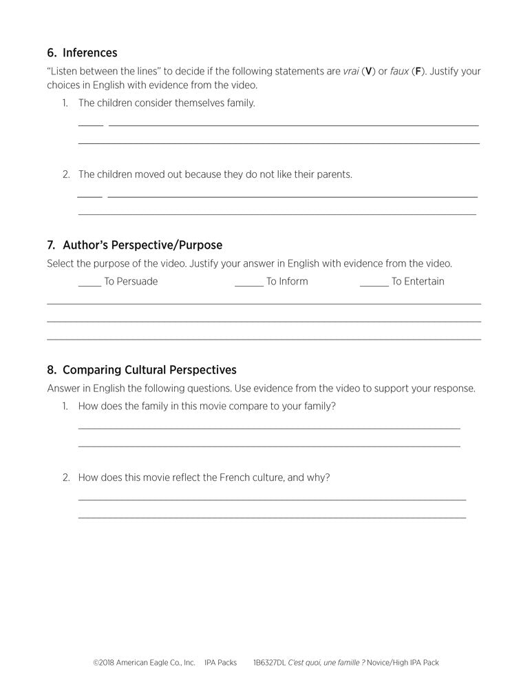 C'est quoi, une famille ? Novice/High French IPA Pack - DIGITAL RESOURCE DOWNLOAD