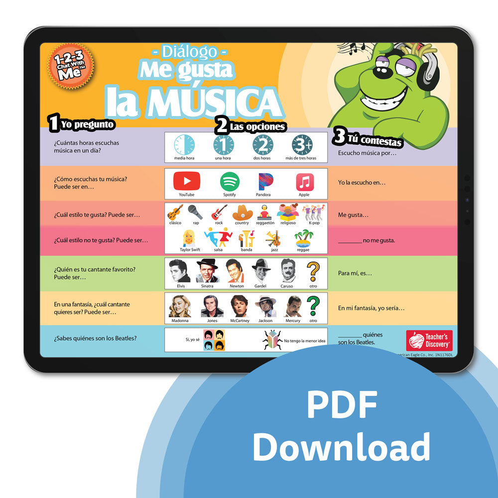 1-2-3 Chat With Me: Me gusta la música Spanish Chat Mat PDF Download