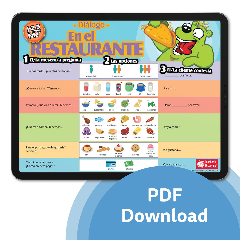 1-2-3 Chat With Me: En el restaurante Spanish Chat Mat PDF Download