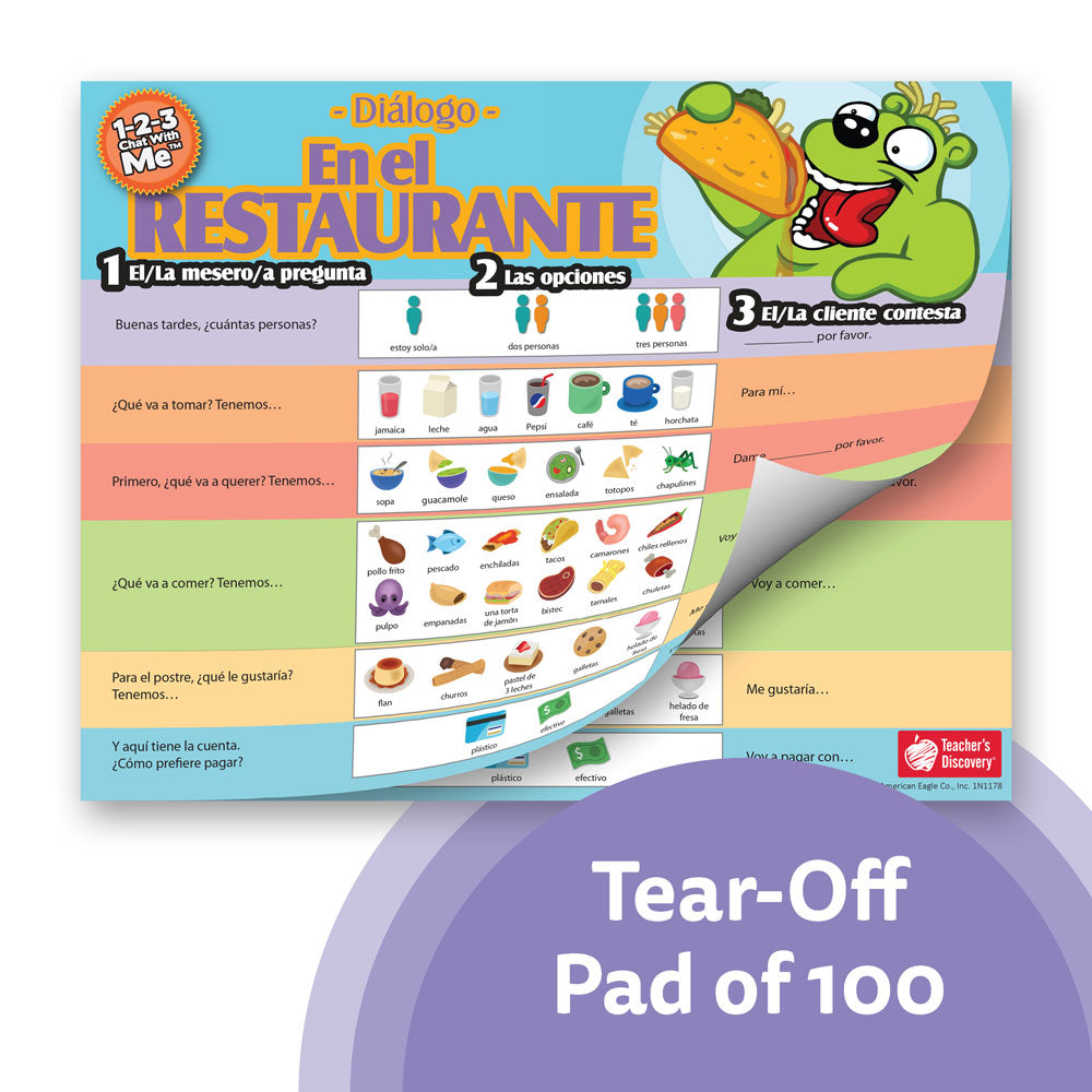 1-2-3 Chat With Me: En el restaurante Spanish Chat Mat Tear-Off Pad of 100