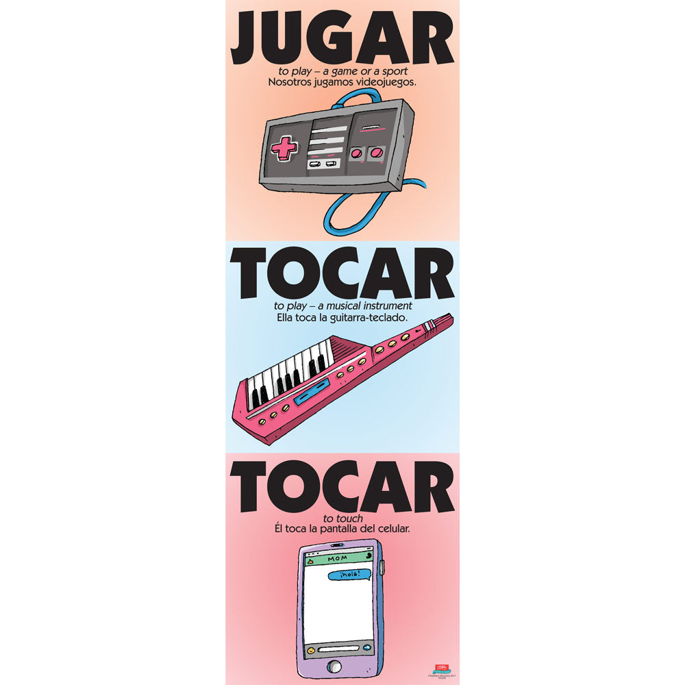 Vexing Verbs, Jugar and Tocar - Spanish - Skinny Poster