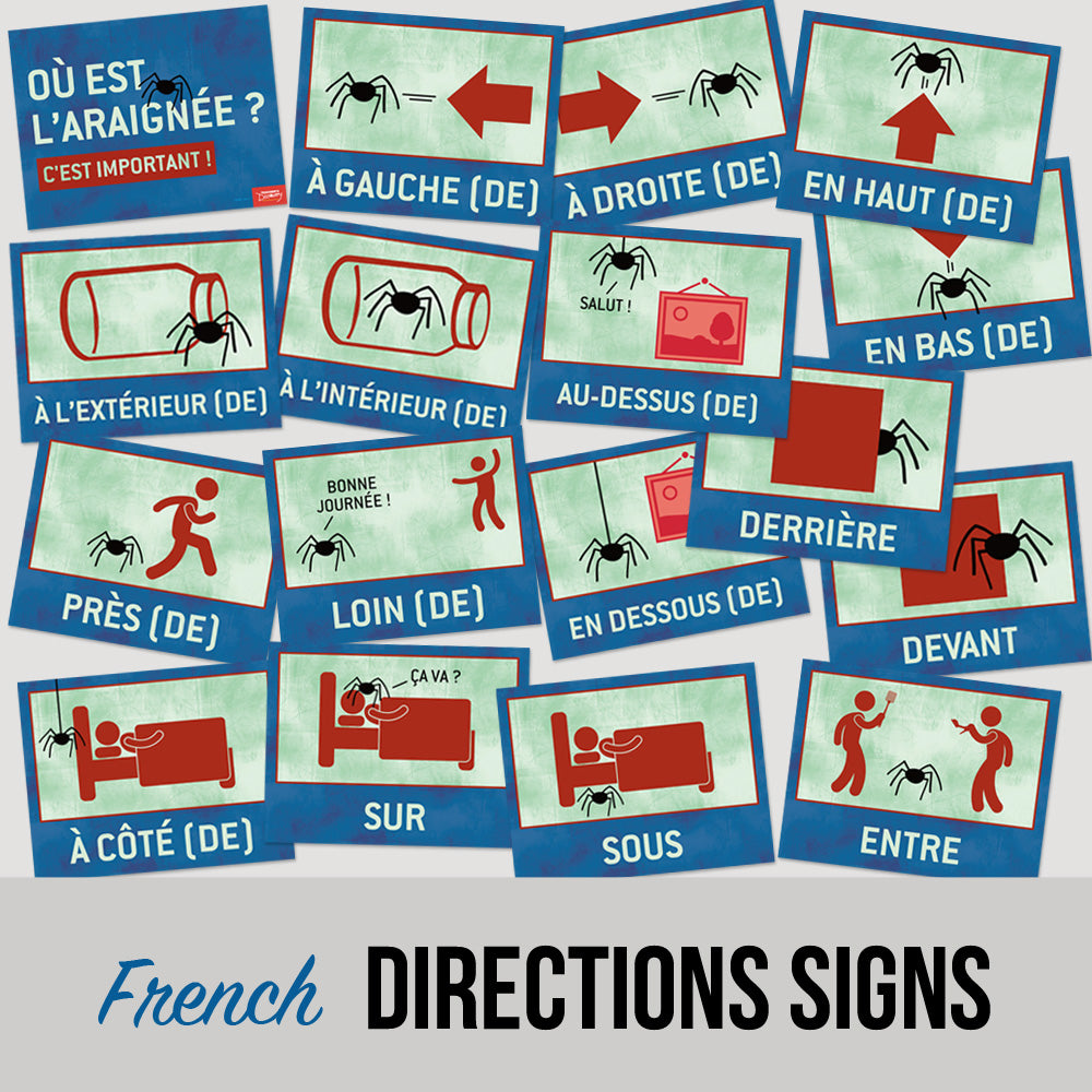 Where Is the Spider? Directions - French - Signs - Set of 17
