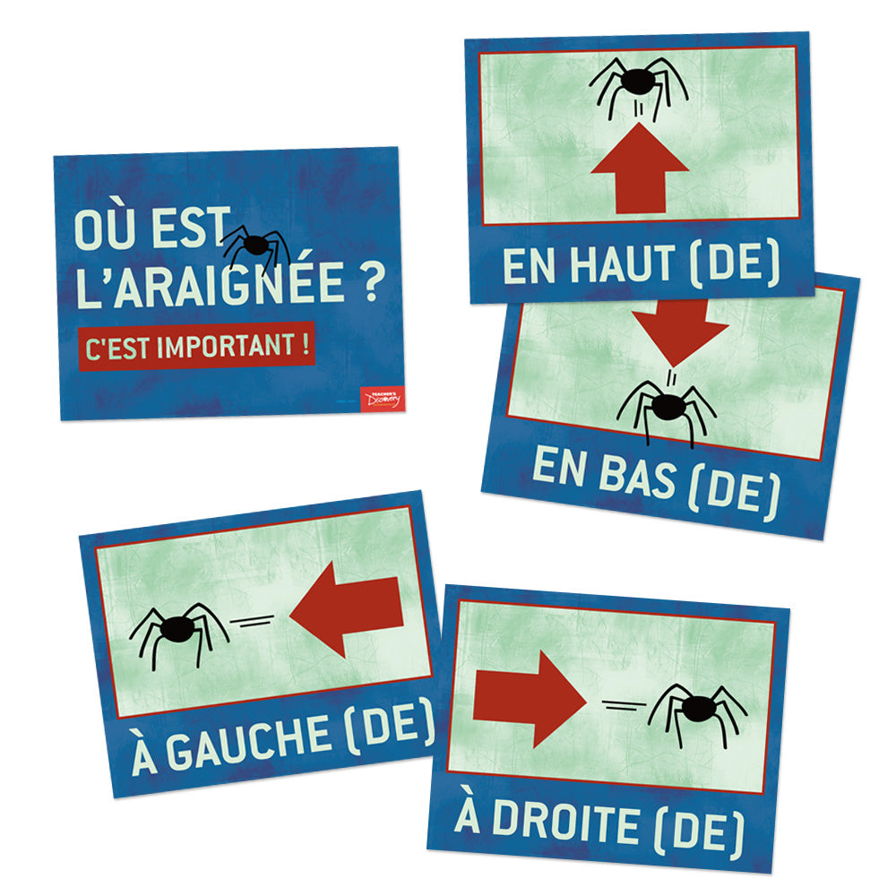 Where Is the Spider? Directions - French - Signs - Set of 17