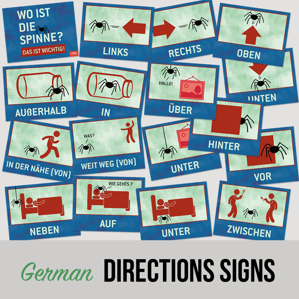 Where Is the Spider? Directions - German - Signs - Set of 17