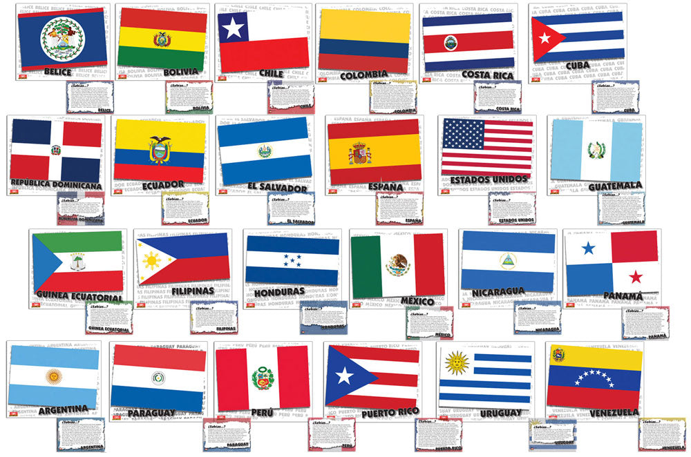 Flags of Spanish-Speaking Countries - Mini-Posters with Info Cards - Set of 24