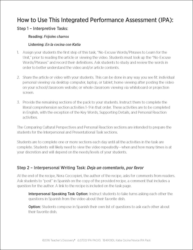 Katia Cocina Novice-Mid Spanish IPA Pack - DIGITAL RESOURCE DOWNLOAD
