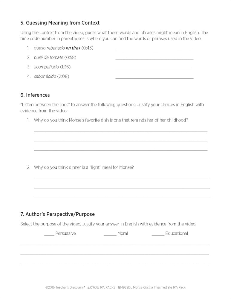 Monse Cocina Intermediate-Low Spanish IPA Pack - DIGITAL RESOURCE DOWNLOAD