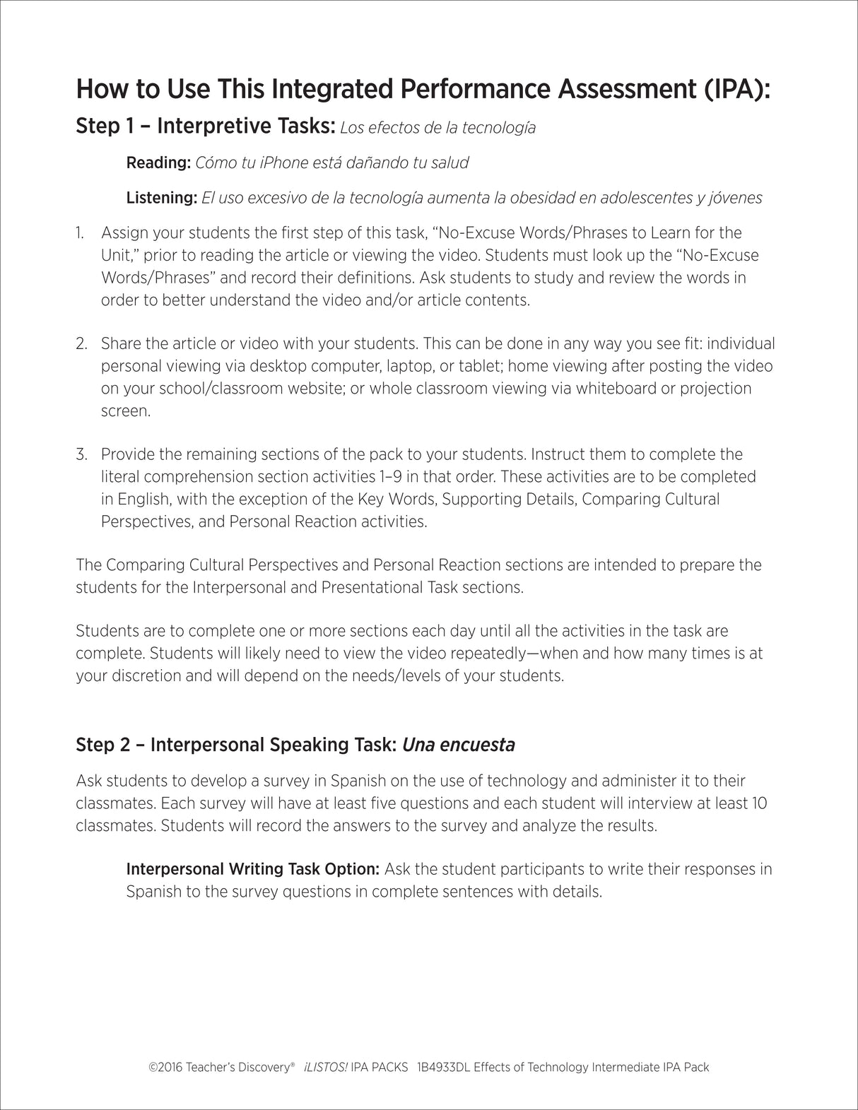 Effects of Technology Intermediate-Low Spanish IPA Pack - DIGITAL RESOURCE DOWNLOAD