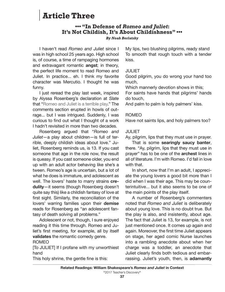 Related Readings: William Shakespeare's Romeo and Juliet in Context Book