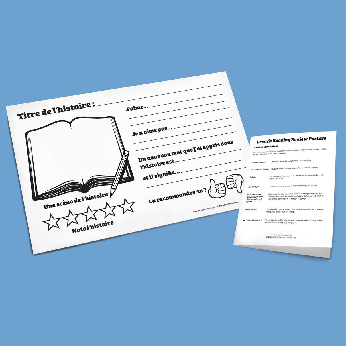 Set of 30 French reading review posters with student prompts for analyzing and sharing stories read during FVR or class reading in the target language