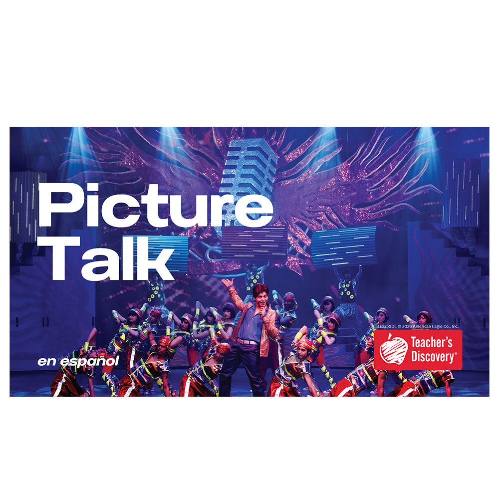 Picture Talk en español Spanish teaching resource with 25 high-interest images and guided discussion prompts for building conversational skills in the target language.