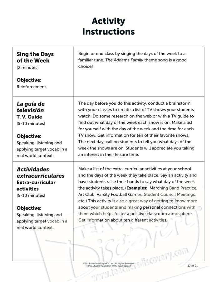 Super Value Days of the Week Lesson Spanish Download