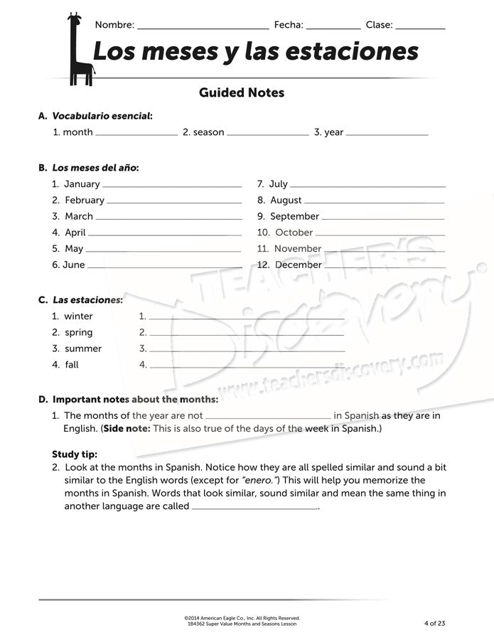 Super Value Months and Seasons Lesson Spanish Download