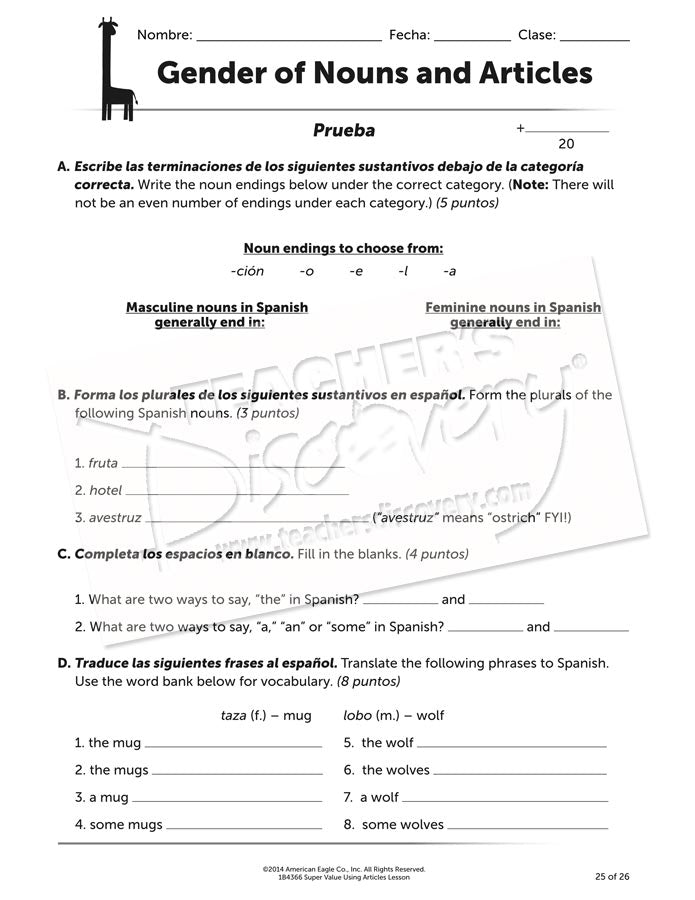 Super Value Using Articles Lesson Spanish Download