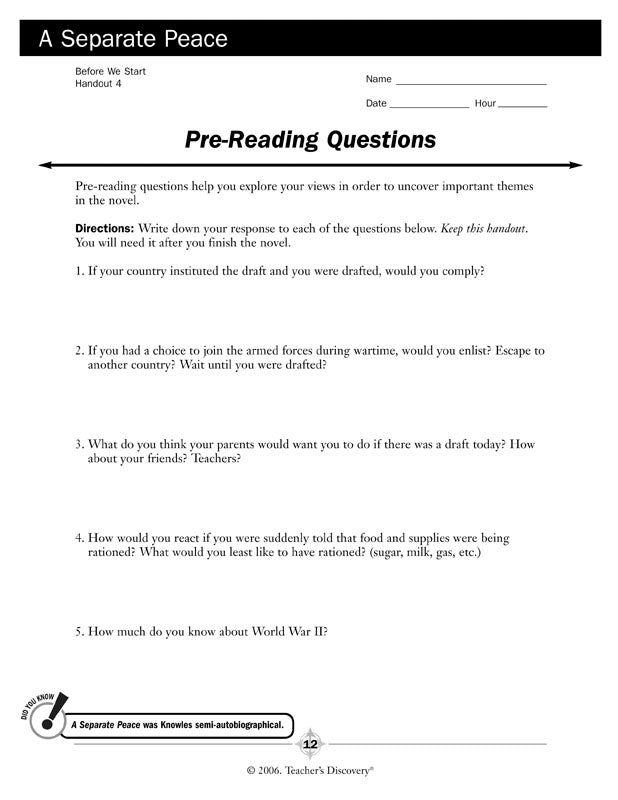 A Separate Peace Novel Guide Book