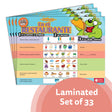Stack of En el restaurante Spanish chat mat laminated sets showing restaurant dialogue with food, drink, and server-customer vocabulary for Spanish speaking practice.