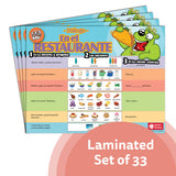 Stack of En el restaurante Spanish chat mat laminated sets showing restaurant dialogue with food, drink, and server-customer vocabulary for Spanish speaking practice.