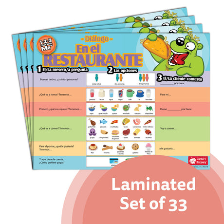 Stack of En el restaurante Spanish chat mat laminated sets showing restaurant dialogue with food, drink, and server-customer vocabulary for Spanish speaking practice.