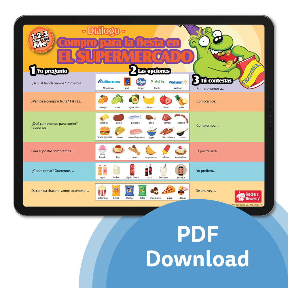 n el restaurante Spanish chat mat PDF shown on a tablet with restaurant dialogue, food and drink options, and server-customer conversation prompts for Spanish class.