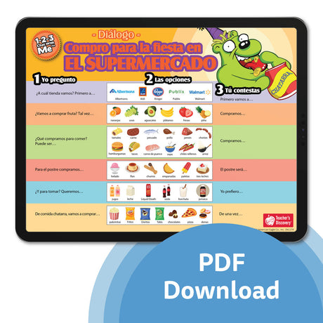 n el restaurante Spanish chat mat PDF shown on a tablet with restaurant dialogue, food and drink options, and server-customer conversation prompts for Spanish class.
