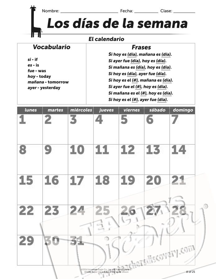 Super Value Days of the Week Lesson Spanish Download