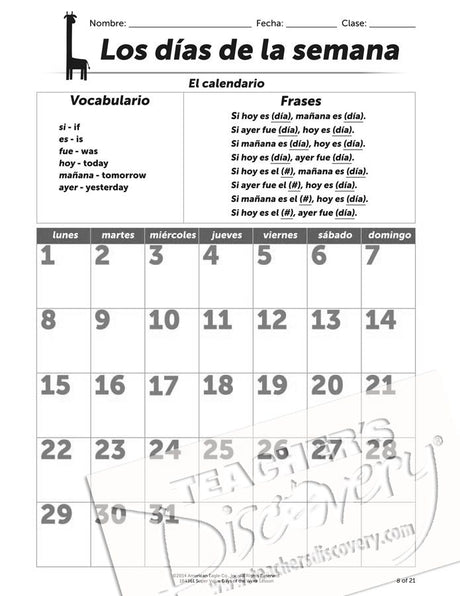 Super Value Days of the Week Lesson Spanish Download