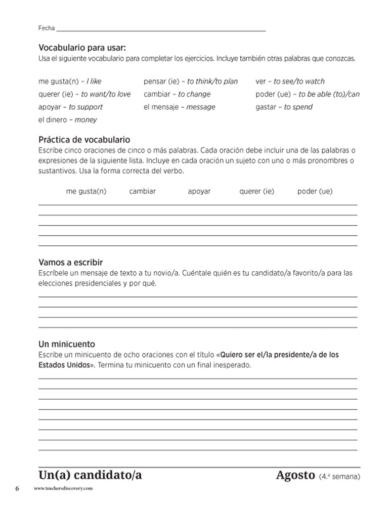 Weekly Writing Prompts for Spanish Level 2 Book