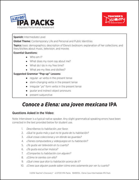 Elena Casa Intermediate-Low Spanish IPA Pack - DIGITAL RESOURCE DOWNLOAD