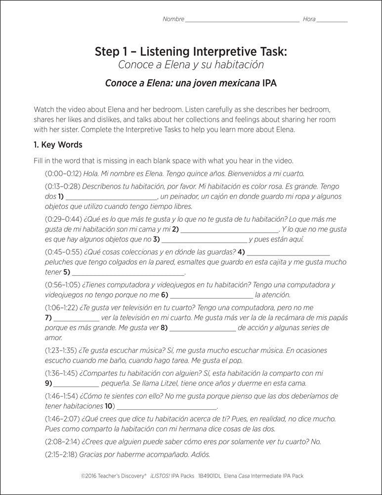 Elena Casa Intermediate-Low Spanish IPA Pack - DIGITAL RESOURCE DOWNLOAD