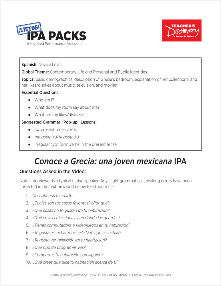 Grecia Casa Novice-Mid Spanish IPA Pack - DIGITAL RESOURCE DOWNLOAD