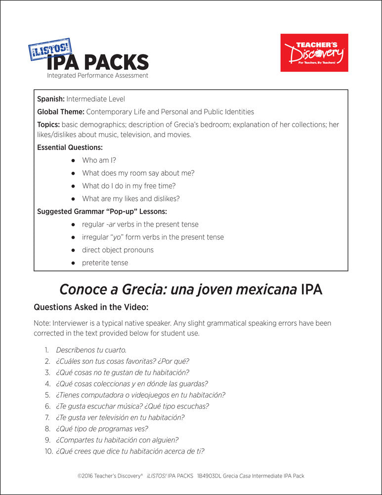 Grecia Casa Intermediate-Low Spanish IPA Pack - DIGITAL RESOURCE DOWNLOAD