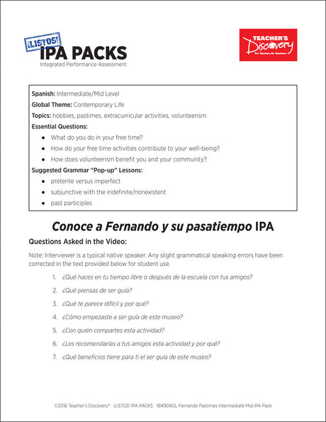 Fernando Pastimes Intermediate-Mid Spanish IPA Pack - DIGITAL RESOURCE DOWNLOAD