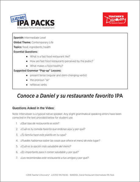 Daniel Restaurant Intermediate-Low Spanish IPA Pack - DIGITAL RESOURCE DOWNLOAD