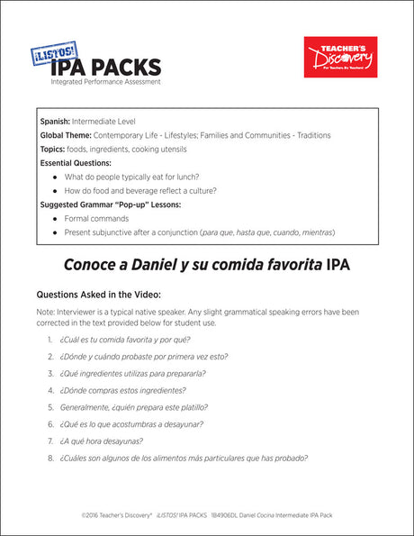 Daniel Cocina Intermediate-Low Spanish IPA Pack - DIGITAL RESOURCE DOWNLOAD