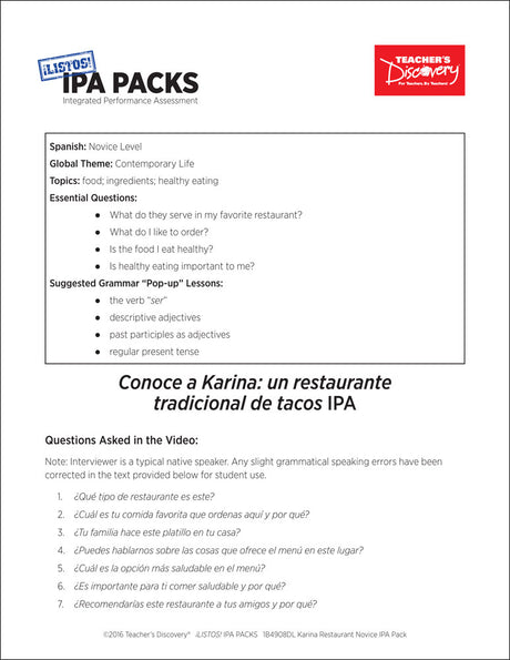 Karina Restaurant Novice-Mid Spanish IPA Pack - DIGITAL RESOURCE DOWNLOAD