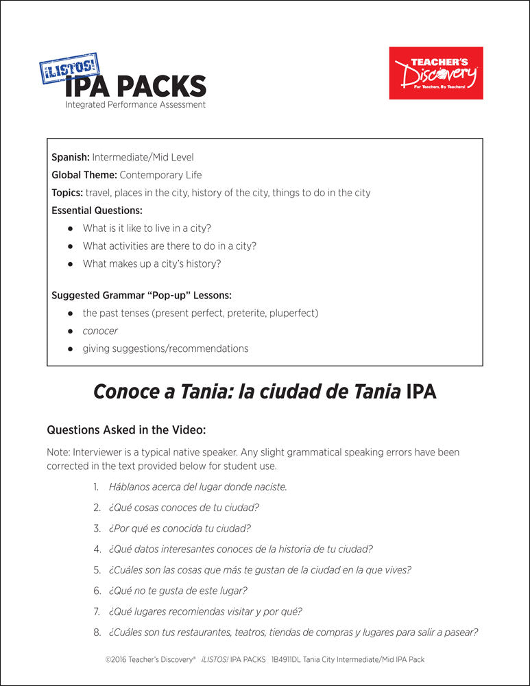 Tania City Intermediate-Mid Spanish IPA Pack - DIGITAL RESOURCE DOWNLOAD