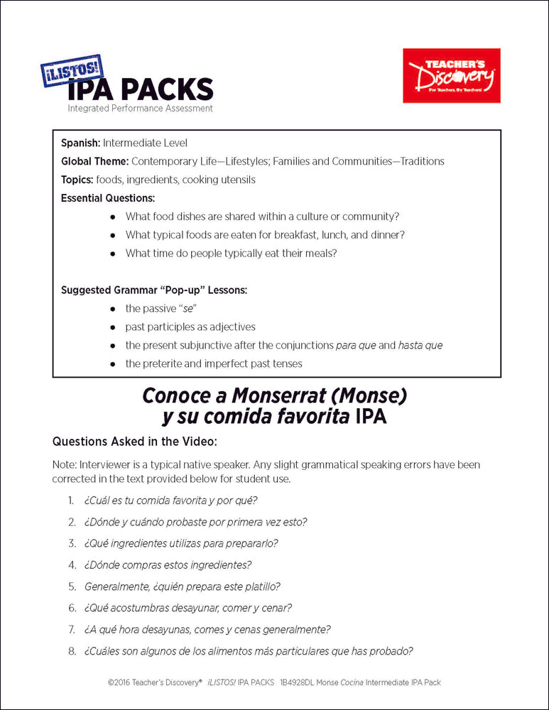 Monse Cocina Intermediate-Low Spanish IPA Pack - DIGITAL RESOURCE DOWNLOAD