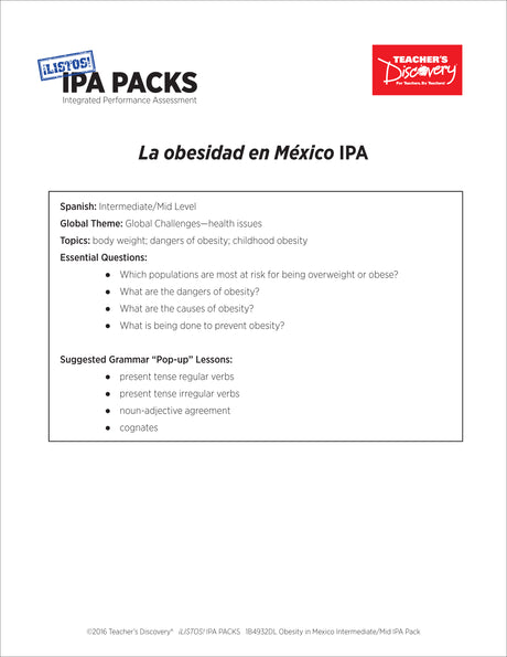 Obesity in Mexico Intermediate-Low Spanish IPA Pack - DIGITAL RESOURCE DOWNLOAD