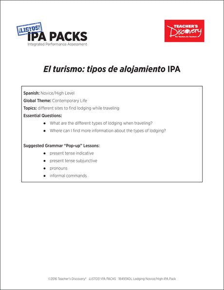 Lodging Novice-High Spanish IPA Pack - DIGITAL RESOURCE DOWNLOAD