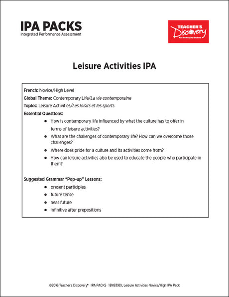 Activités à faire à Montréal Novice-High French IPA Pack - DIGITAL RESOURCE DOWNLOAD