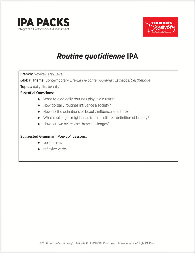 Routine quotidienne Novice-High French IPA Pack - DIGITAL RESOURCE DOWNLOAD